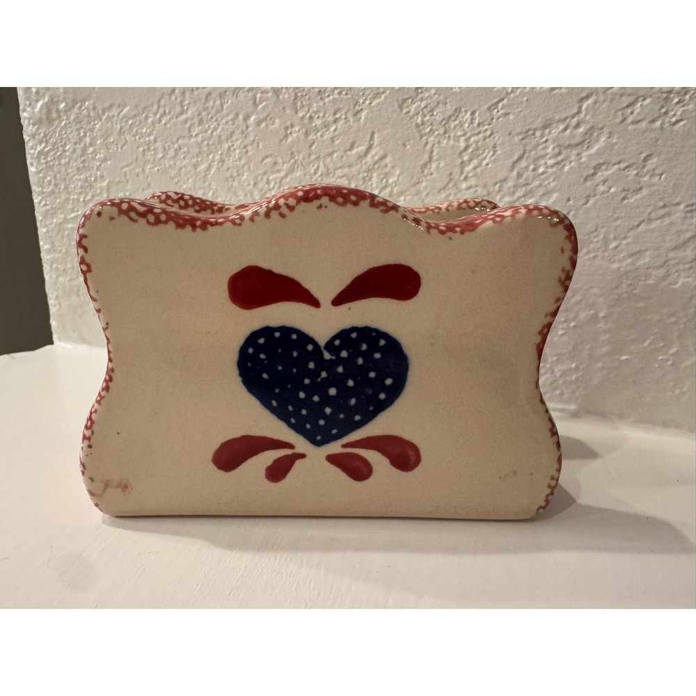 Hermitage Pottery Stoneware Napkin Holder Heart Spongeware Red Blue DX111 1998